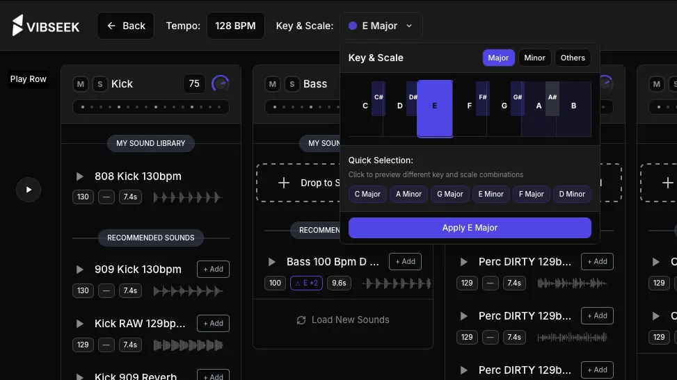 Vibseek BPM and Key Settings
